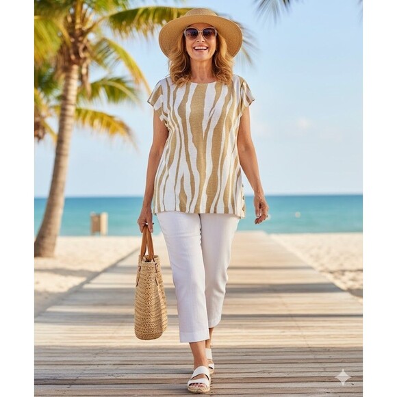 Tan White Zebra Animal Print Cap Sleeve Blouse 100% Linen Tahari Size M - Picture 8 of 16